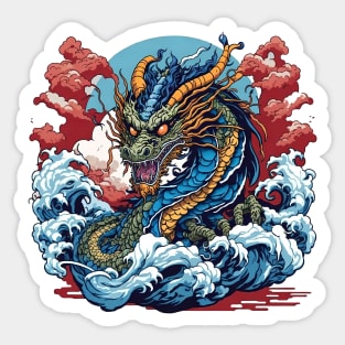 Dragon against the backdrop of a setting sun bathed in ocean waves Sticker